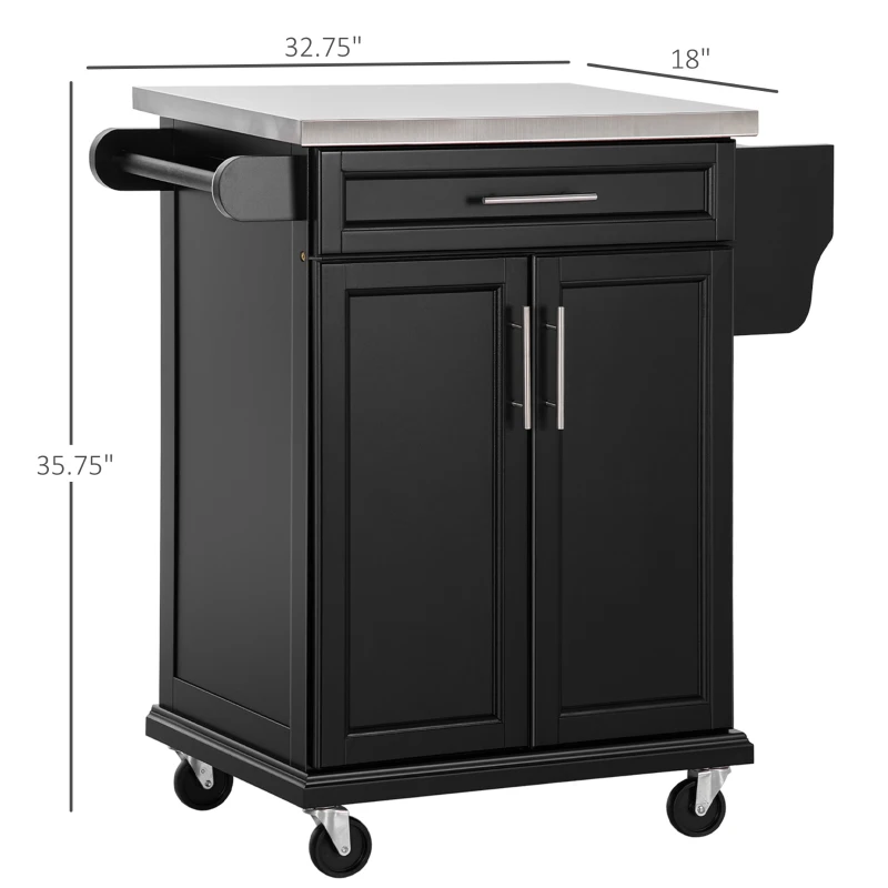 HOMCOM Kitchen Island with Stainless Steel Top, Rolling Kitchen Cart on Wheels with Storage Drawer, Cabinet, Towel Rack and Spice Rack (Black)