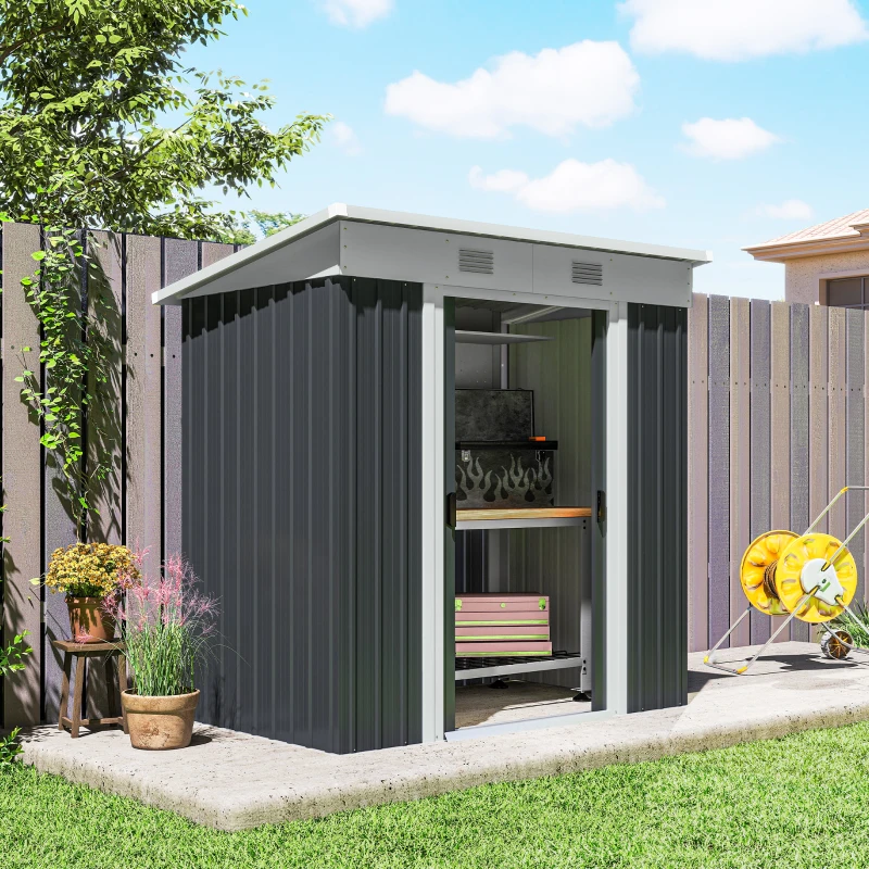 Outsunny 6' x 4' Outdoor Storage Shed, Metal Garden Tool Storage House Organizer with Lockable Sliding Doors and Vents for Backyard Patio Lawn, Charcoal Grey