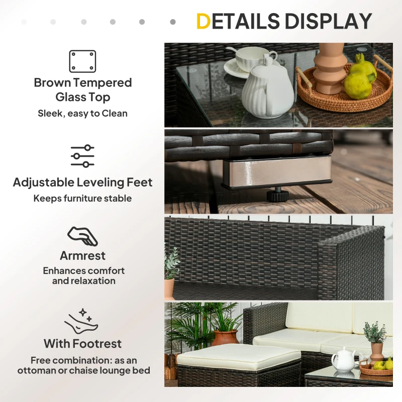 Outsunny 3 Pieces Patio Furniture Set with Cushions, Outdoor PE Rattan Wicker Conversation Corner Sofa Set with Glass Top Table and Adjustable Foot for Garden, Lawn, Cream White