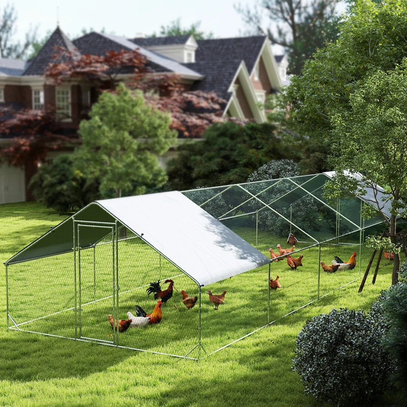 PawHut Metal Chicken Coop with Water- and UV-Protection Cover for Backyard Hen, Duck, Rabbit, 9.8' x 32.8' x 6.4'