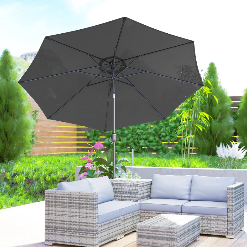 Outsunny 10' x 8' Round Market Umbrella, Patio Umbrella with Crank Handle and Tilt, Outdoor Parasol for Garden, Bench, Lawn, Grey