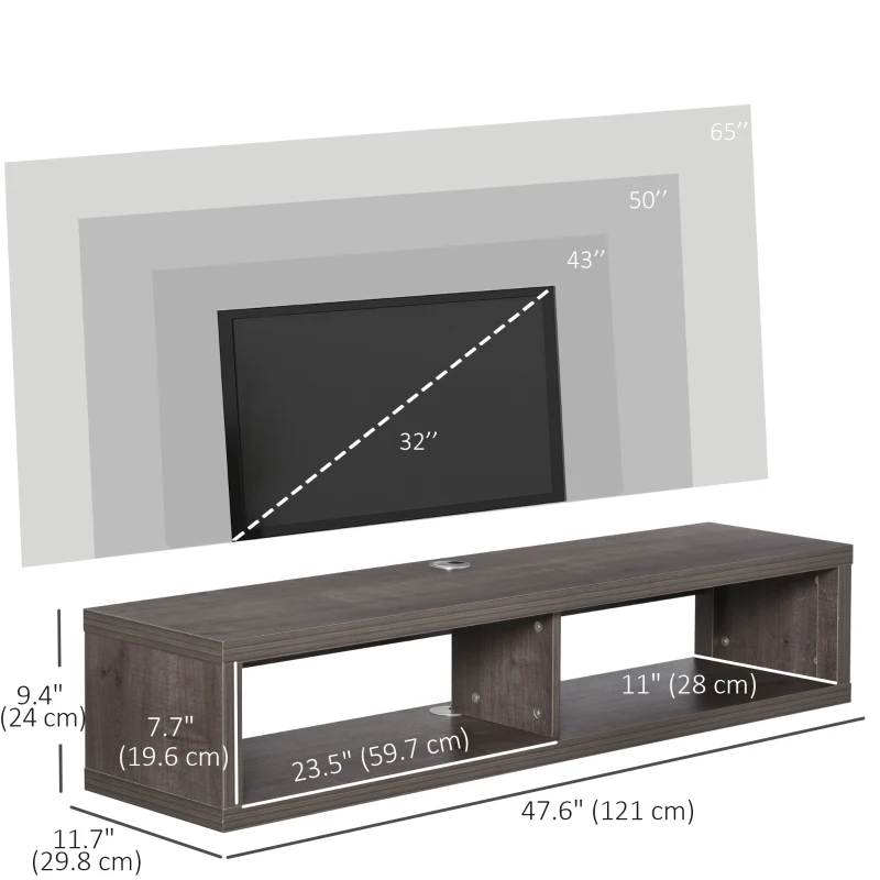 HOMCOM Floating TV Stand Shelf for 50" TVs, Wall Mounted Entertainment Center for Living Room, Bedroom, Media Console with Storage Shelf for Audio, Video, Dark Grey Wood Grain