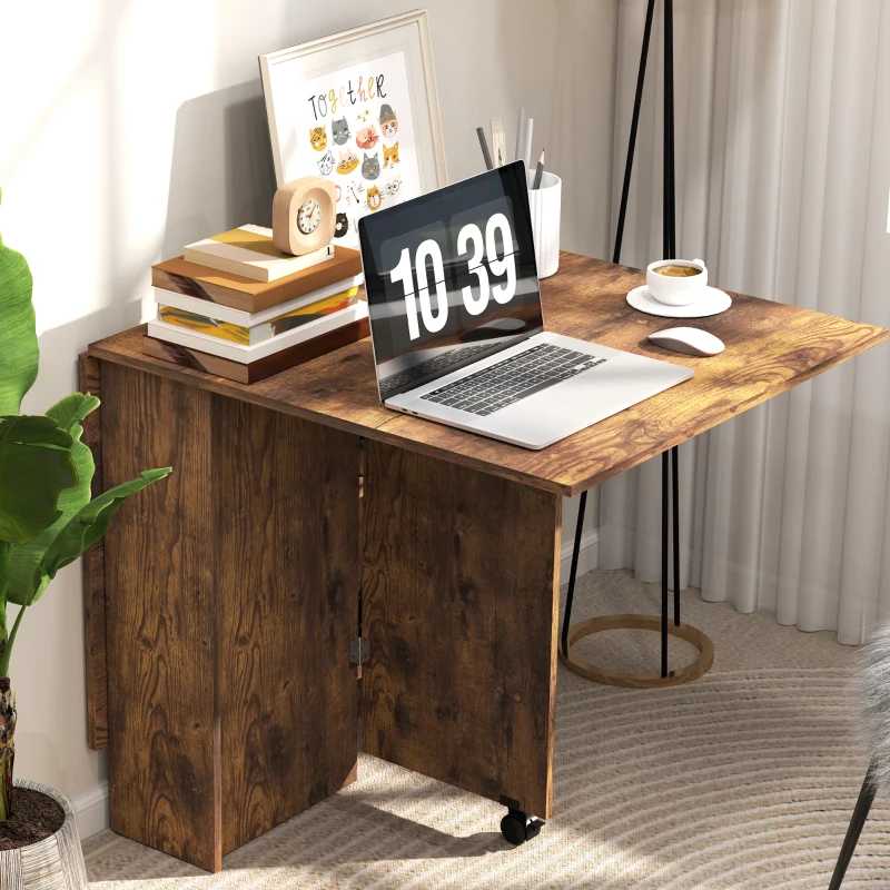 HOMCOM Extendable Dining Table, Collapsible Folding Table w/ 2-tier Shelves and Rolling Casters, Rustic Brown