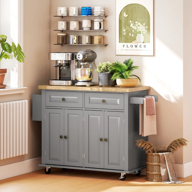 HOMCOM Kitchen Island with Storage, Rolling Trolley Cart with Rubber Wood Top, Spice Rack, Towel Rack, Grey