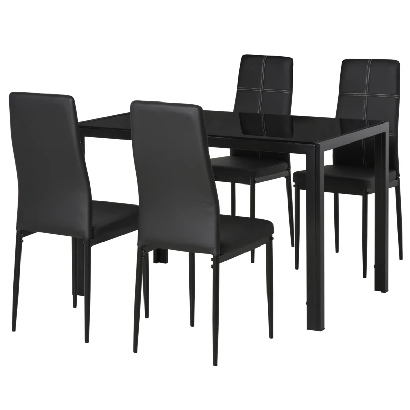 HOMCOM 5-Piece Rectangular Glass Kitchen Table and Chairs with Metal Frame and Faux Leather Upholstery for Dining Room, Black