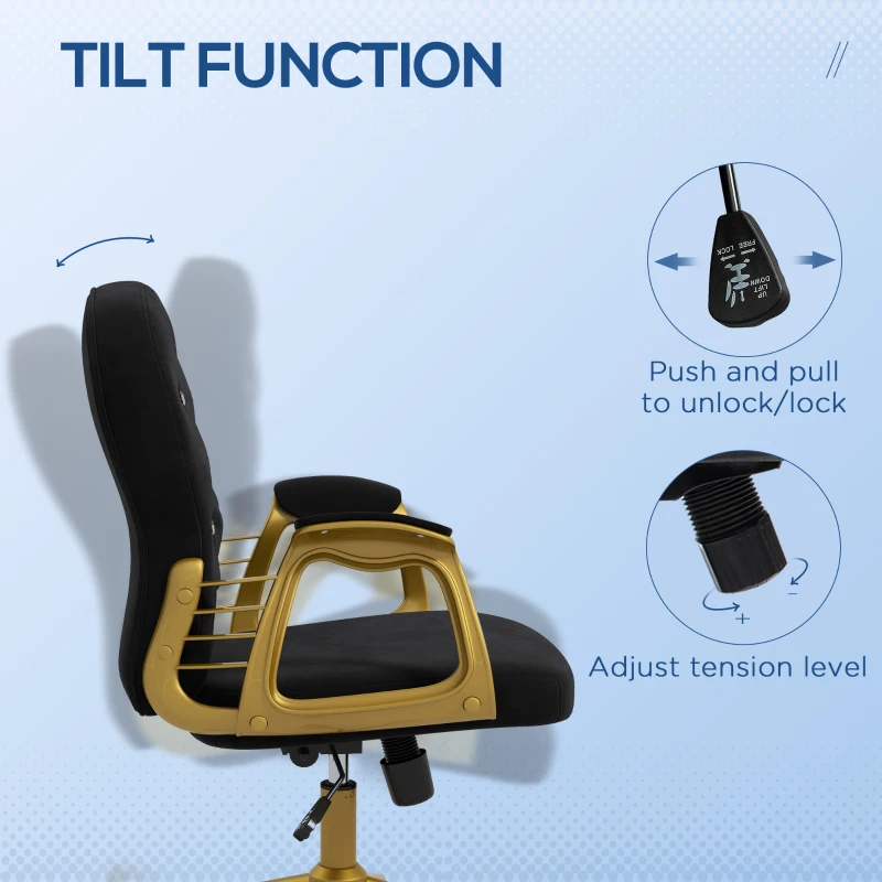 Vinsetto Velvet Office Desk Chair Button Tufted Vanity Chair with Swivel Wheels, Adjustable Height and Tilt Function, Black