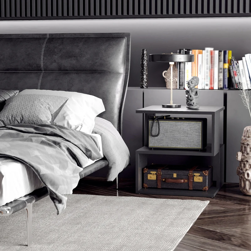 HOMCOM Modern Square 3 Tier Wood Coffee Side Table Storage Shelf Rack End Table Home Office Living Room Small Desk Black