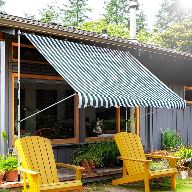 Outsunny 10x5ft Manual Retractable Awning, Patio Sun Shade Canopy Shelter with 5.6-9.2ft Support Pole, Water Resistant UV Protector, for Window, Door, Porch, Deck, Green