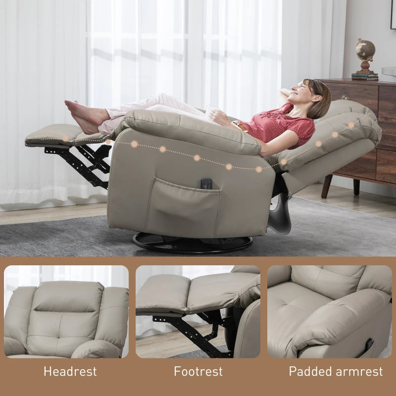 HOMCOM 8-Point Vibration Massage Recliner Chair for Living Room, PU Leather 360° Swivel Manual Reclining Sofa Rocking Chair with Remote Control, Side Pockets, Grey