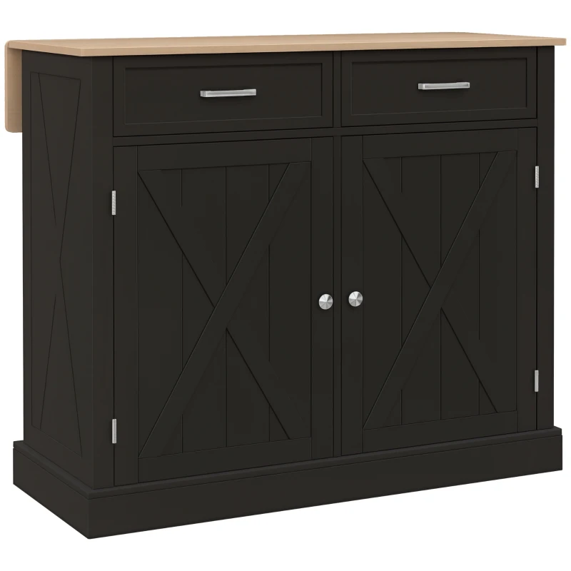 HOMCOM Kitchen Island with Drop Leaf, Rolling Kitchen Cart with 2 Drawers, Adjustable Shelves and Wood Countertop, Black