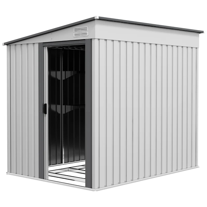 Outsunny 5x7 Garden Shed, Lean-to Metal Storage with Foundation, Sliding Door & 2 Vents for Garden Tools, White