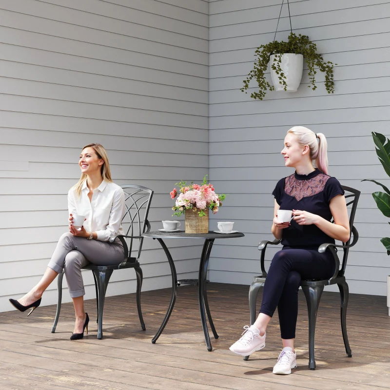 Outsunny 3 Pieces Patio Bistro Set, Cast Aluminum Outdoor Conversation Furniture Set, Coffee Table with Umbrella Hole, 2 Armchairs, Brown