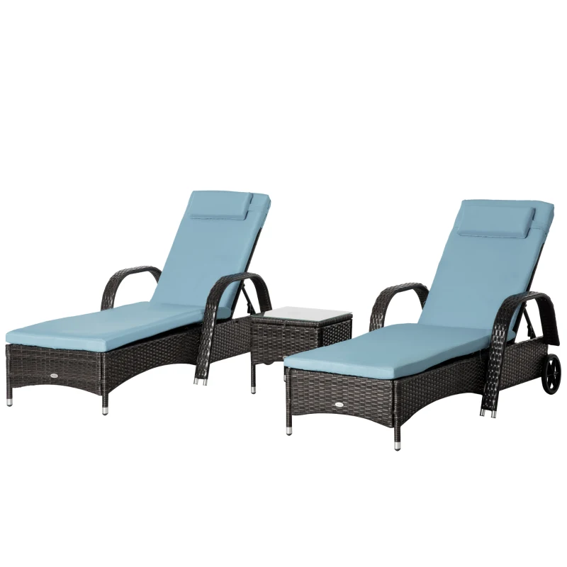 Outsunny 3 Pieces Wicker Patio Lounger Set with Table, PE Rattan Outdoor Lounge Chair Set with Cushions, Wheels, 5-Level Reclining Backrest, Headrest, Brown/Grey