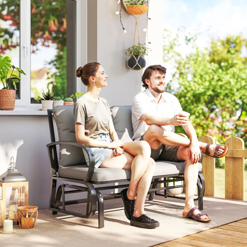 Outsunny 2-Person Outdoor Glider Chair, Patio Double Rocking Loveseat with Steel Frame and Cushions for Backyard, Garden and Porch, Grey