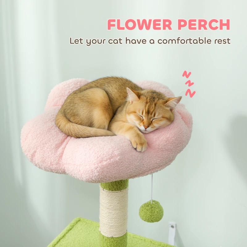 PawHut 48" Flower Cat Tree with Scratching Post, Cozy Bed, Condo, Climbing Ladder, Perch, Dangling Ball, Green