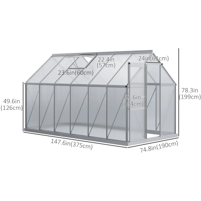 Outsunny 6' x 12' x 6.5' Walk-in Greenhouse, Polycarbonate Greenhouse with Adjustable Roof Vent, Base, Sliding Door, Clear