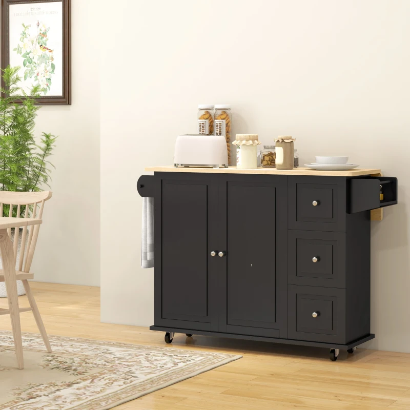 HOMCOM Kitchen Island on Wheels, Kitchen Cart with Drop Leaf, Drawers, Black