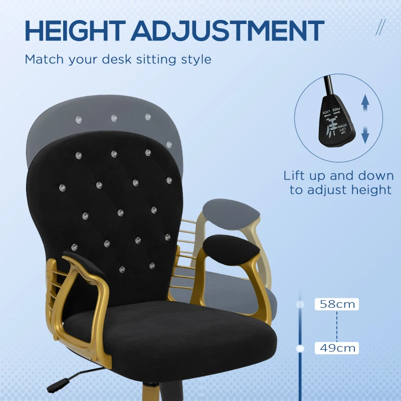 Vinsetto Velvet Office Desk Chair Button Tufted Vanity Chair with Swivel Wheels, Adjustable Height and Tilt Function, Black