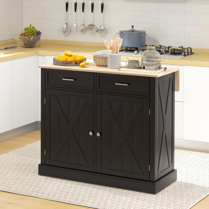 HOMCOM Kitchen Island with Drop Leaf, Rolling Kitchen Cart with 2 Drawers, Adjustable Shelves and Wood Countertop, Black