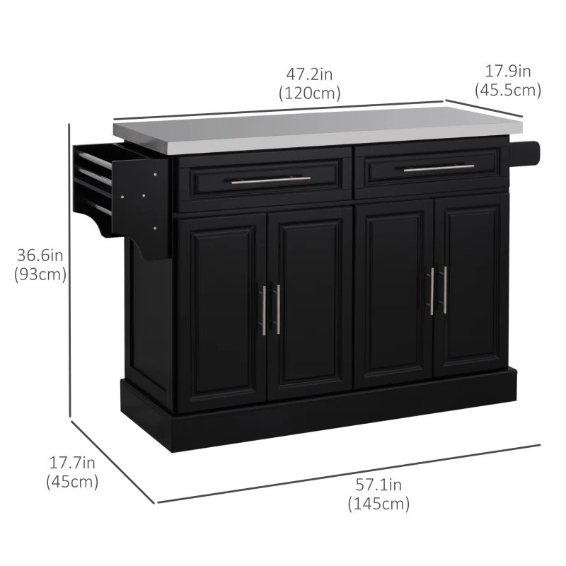 HOMCOM Rolling Kitchen Island with Storage and Stainless Steel Top, Kitchen Trolley with Drawers, Cabinets, Towel Rack