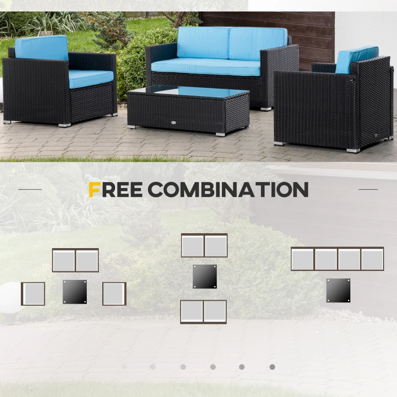 Outsunny 4 Pieces Wicker Patio Furniture Set with Thick Cushions, Outdoor PE Rattan Conversation Sofa Set with Glass Top Table & Extra Wide Seat, Sky Blue