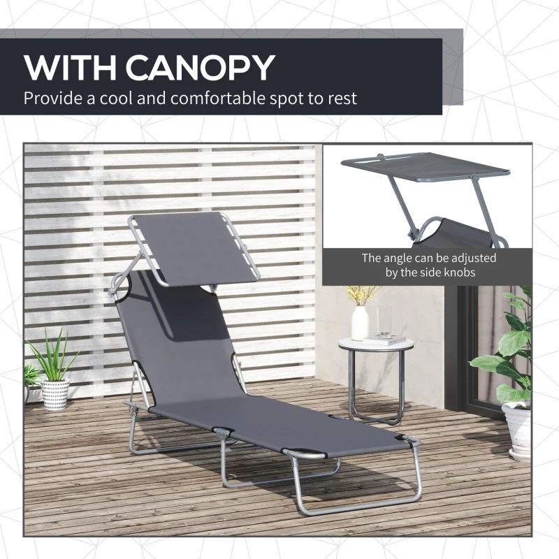 Outsunny Outdoor Lounge Chair, Adjustable Folding Chaise Lounge,  Tanning Chair with Sun Shade for Beach, Camping, Hiking, Backyard, Grey