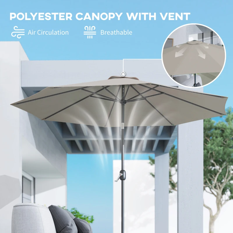 Outsunny 10' x 8' Round Market Umbrella, Patio Umbrella with Crank Handle and Tilt, Outdoor Parasol for Garden, Bench, Lawn, Light Grey