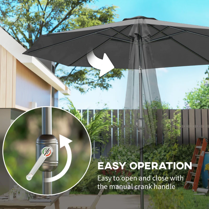 Outsunny 10' x 8' Round Market Umbrella, Patio Umbrella with Crank Handle and Tilt, Outdoor Parasol for Garden, Bench, Lawn, Grey