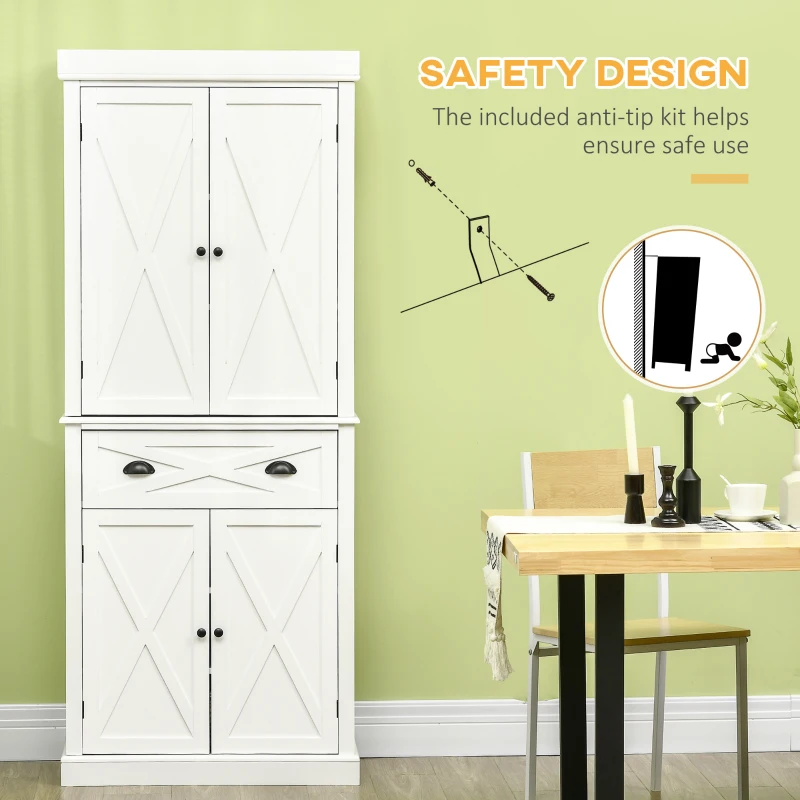 HOMCOM 72.5" Kitchen Pantry Cabinet, Freestanding Storage Cabinet with 4 Doors, Drawer and Adjustable Shelves, White