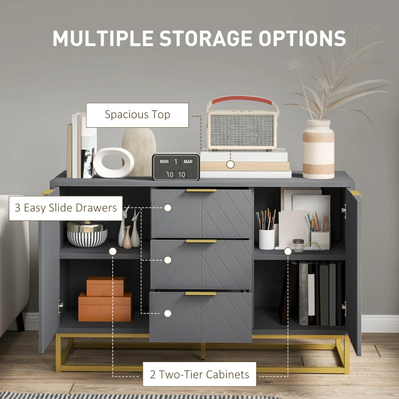 HOMCOM Sideboard Storage Cabinet with 3 Drawers, Adjustable Shelves and Doors, Kitchen Buffet Cabinet for Dining Room, Grey