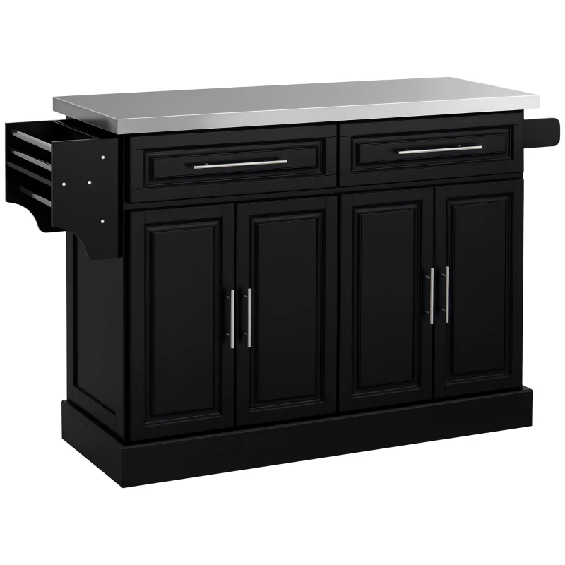 HOMCOM Rolling Kitchen Island with Storage and Stainless Steel Top, Kitchen Trolley with Drawers, Cabinets, Towel Rack