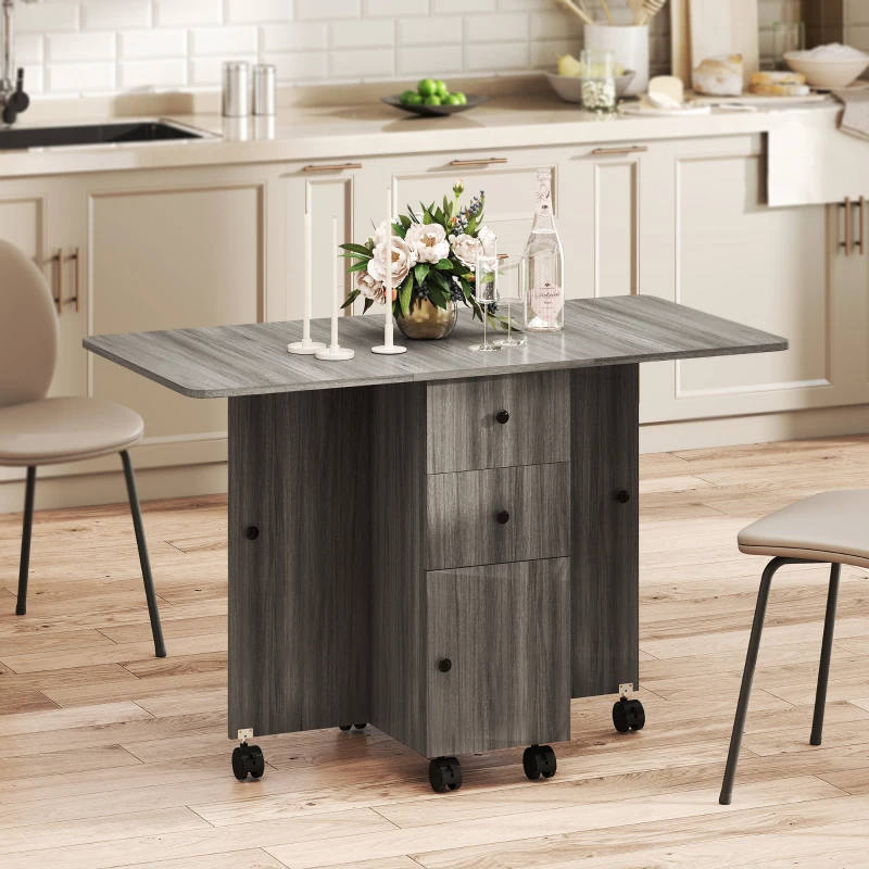 HOMCOM Foldable Dining Table, Rolling Kitchen Table with Storage Drawers and Cabinet, Drop Leaf Table on Wheels, Grey