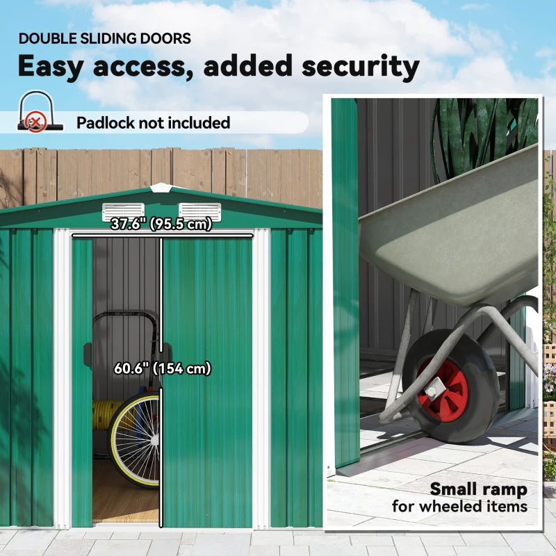 Outsunny 8.5' x 6.8' x 5.8' Practical Backyard Garden Storage Tool Shed Double Sliding Door 4 Ventilation Slots, Green