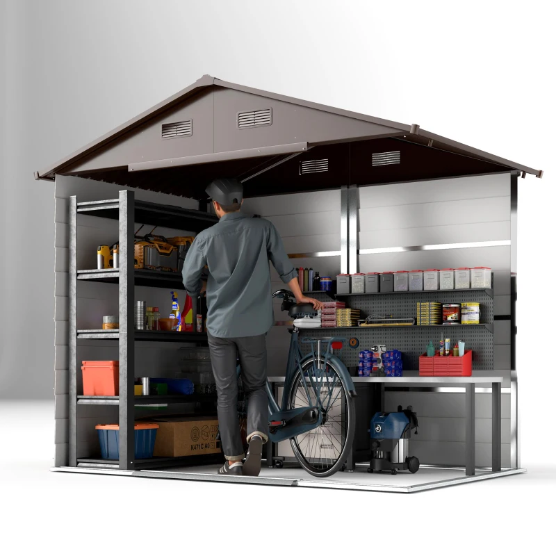 Outsunny 7.7' x 6.5' Outdoor Metal Garden Shed with Lock and Ventilation Gardening Tool Storage, Dark Brown