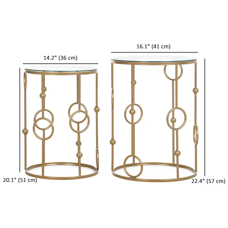 HOMCOM Round Coffee Tables Set of 2, Gold Nesting Side End Tables with Tempered Glass Top, Steel Frame for Living Room