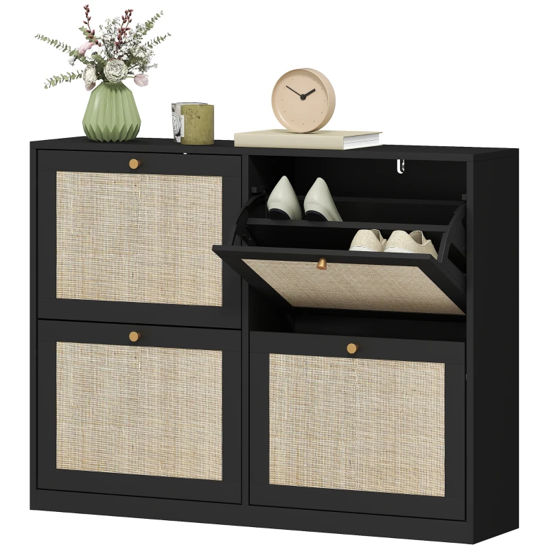 HOMCOM Narrow Shoe Storage Cabinet, Rattan Shoe Cabinet with 4 Flip Drawers and Adjustable Shelves for 20 Pairs, Black