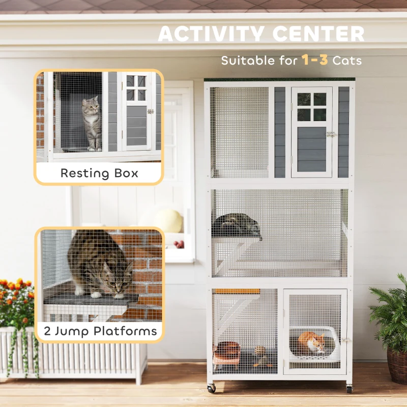 PawHut 74" Wooden Outdoor Cat House Weatherproof & Wheeled with High Weight Capacity, Kitten Cage Condo, White
