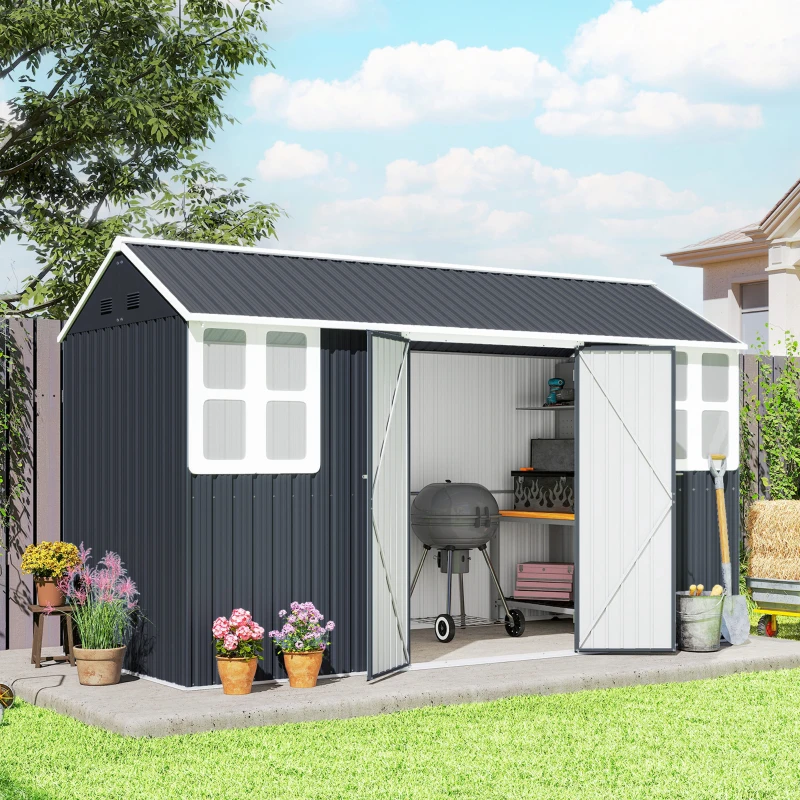 Outsunny 12' x 5.5' Metal Garden Storage Shed, Outdoor Tool Storage House with Lockable Door, Vents, Sloped Roof, Dark Grey