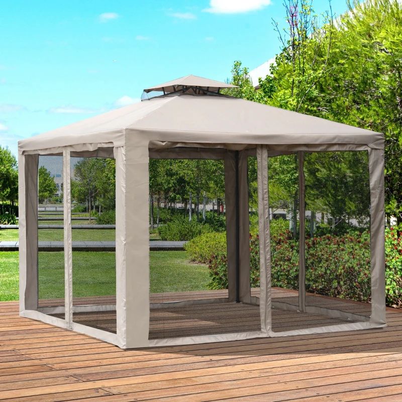 Outsunny 10' x 10' Patio Gazebo Outdoor Pavilion 2 Tire Roof Canopy Shelter Garden Event Party Tent Steel Frame, Brown