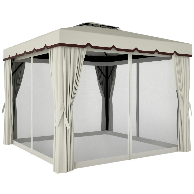 Outsunny 10' x 10' Outdoor Patio Gazebo Double Soft-top Garden Shelter Tent with Curtains, & Mesh Screen Drapes, Cream White