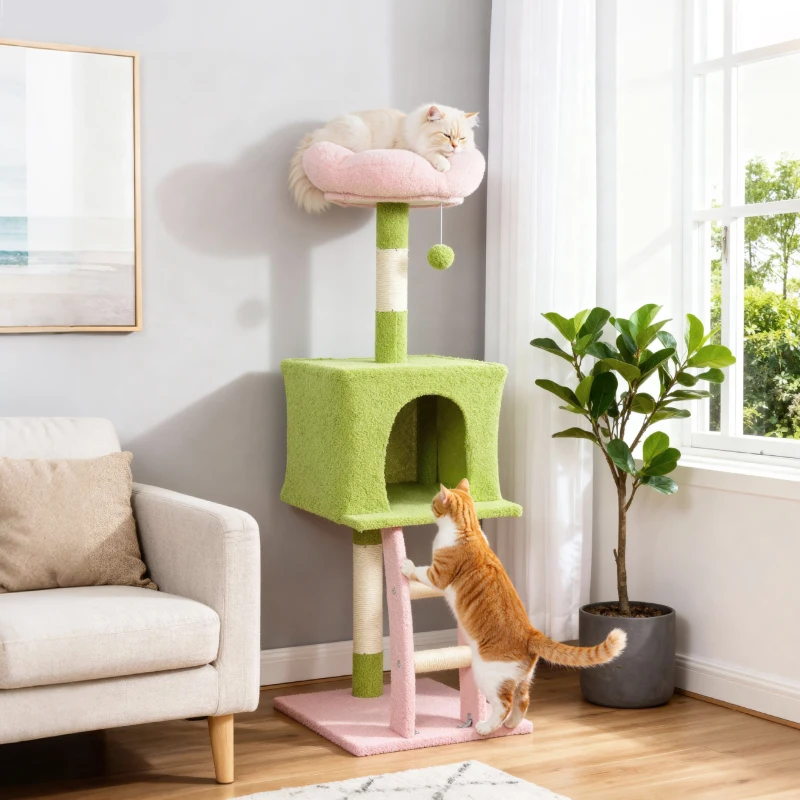 PawHut 48" Flower Cat Tree with Scratching Post, Cozy Bed, Condo, Climbing Ladder, Perch, Dangling Ball, Green