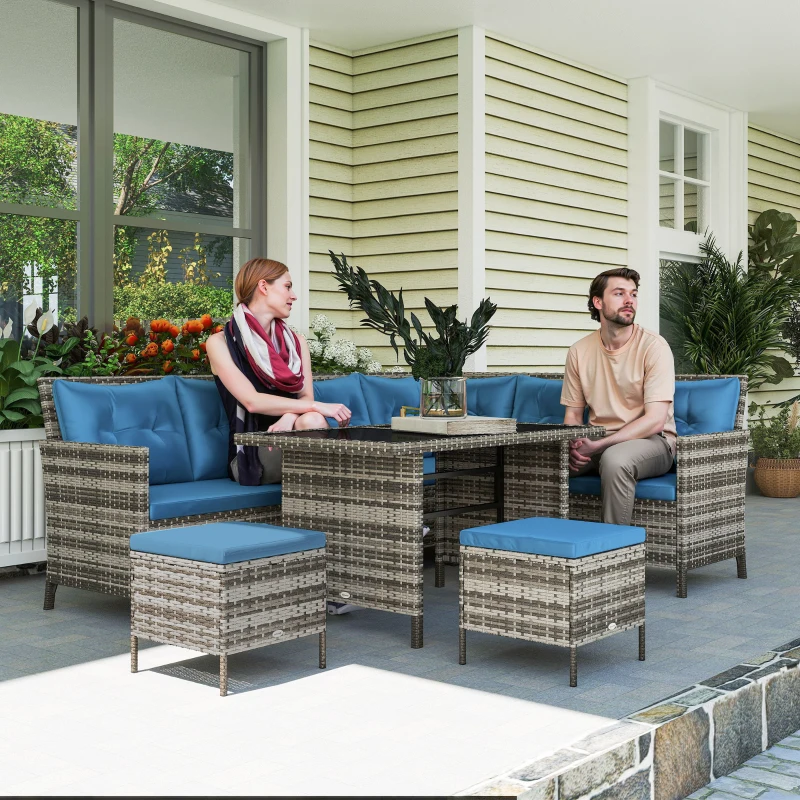 Outsunny 6pcs Outdoor Rattan Sofa Set Garden Wicker Sectional Couch Furniture Set with Dining Table and Chair Blue