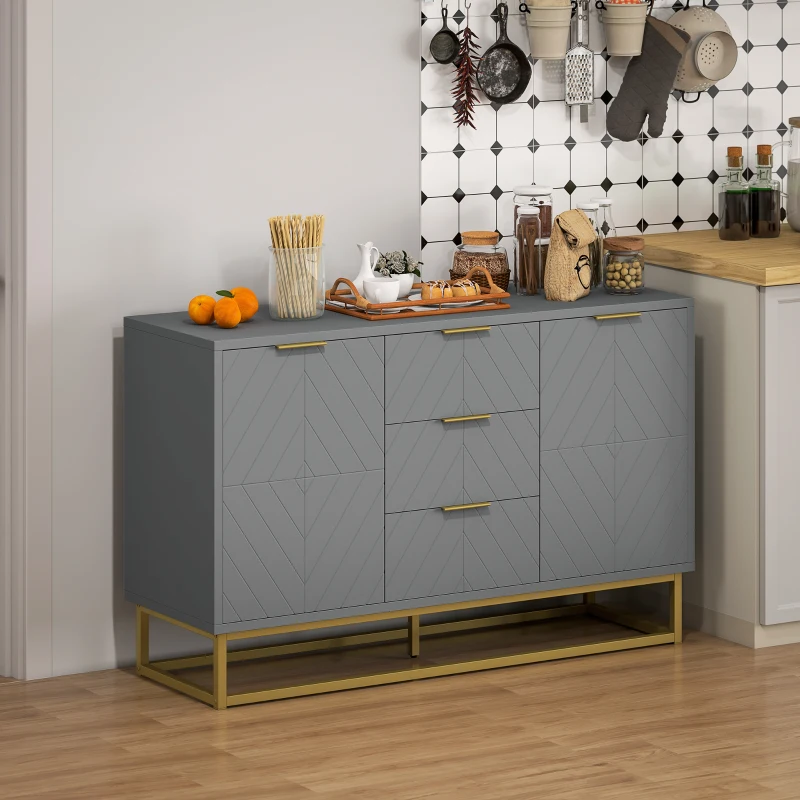 HOMCOM Sideboard Storage Cabinet with 3 Drawers, Adjustable Shelves and Doors, Kitchen Buffet Cabinet for Dining Room, Grey