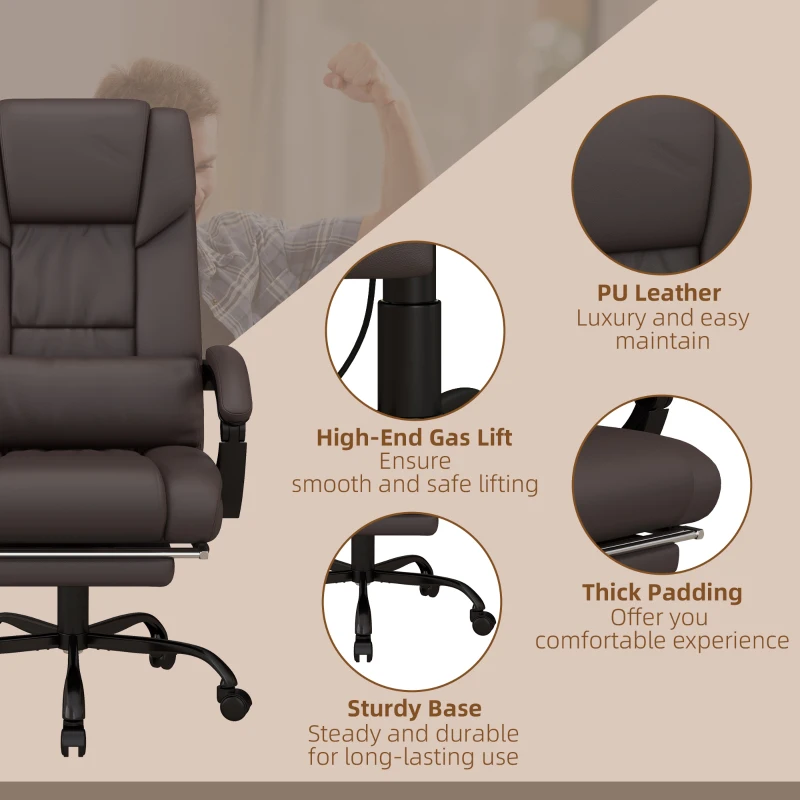 Vinsetto 6-Point Vibration Massage Chair, Height Adjustable Reclining Computer Chair with Retractable Footrest, Brown
