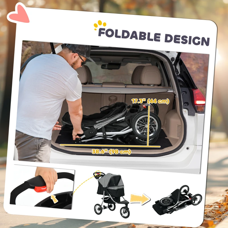 PawHut Small Dog Stroller, 3-Wheel Foldable Pet Stroller with Adjustable Canopy and Zippered Mesh Door for Pet Owners, Grey