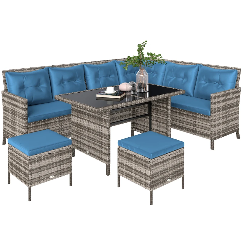 Outsunny 6pcs Outdoor Rattan Sofa Set Garden Wicker Sectional Couch Furniture Set with Dining Table and Chair Blue