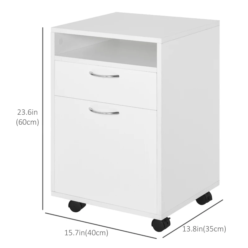 HOMCOM 24" Small Filing Cabinet with Open Compartment, Drawer and Wheels, Home Office Storage Cabinet, White