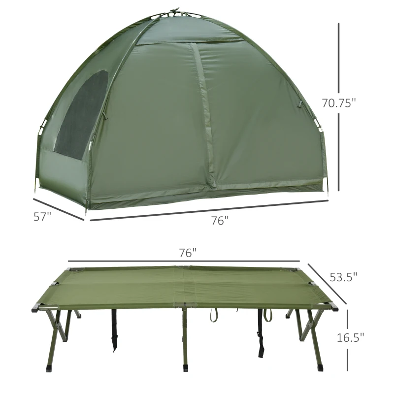Outsunny All in 1 Camping Combo Portable Folding Camping Tent Cot Air Mattress w/ Carry Bag and Pump Hiking Shelter Sleeping Bed Dark Green