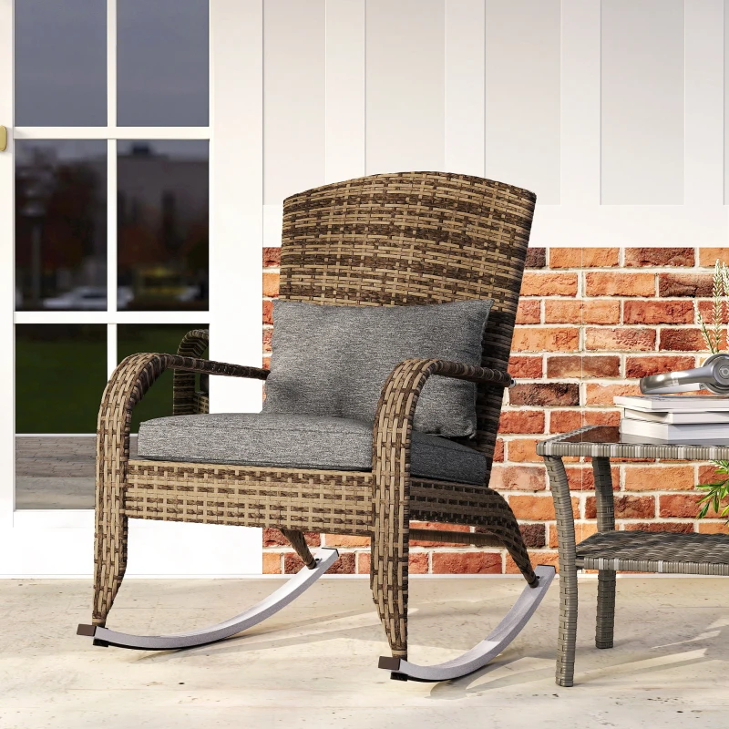 Outsunny Adirondack Chair, Outdoor Wicker Rocking Chair with High Back, Seat Cushion, and Pillow for Porch, Balcony, Gray