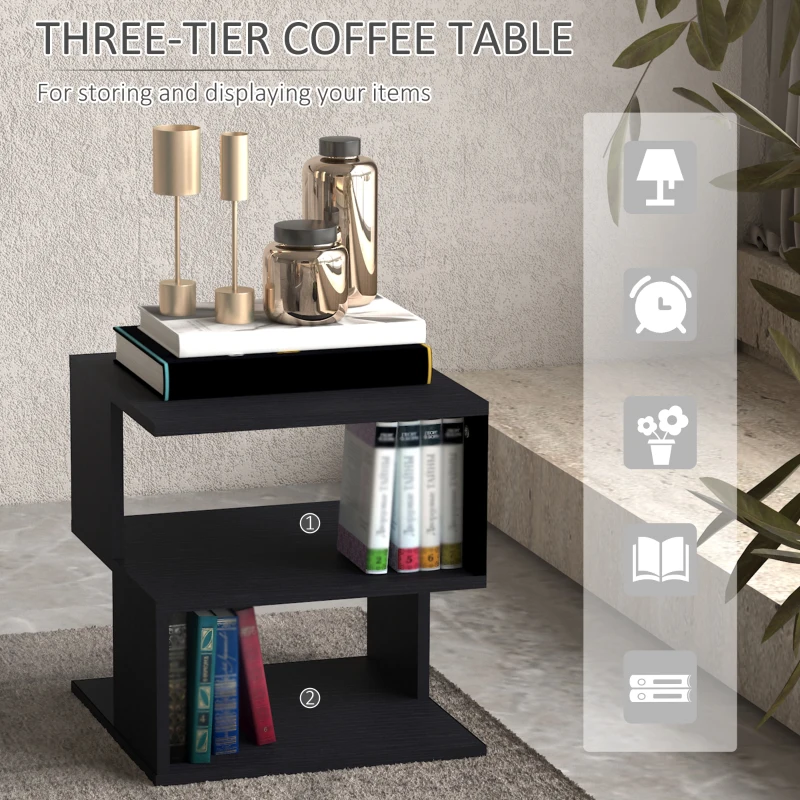 HOMCOM Modern Square 3 Tier Wood Coffee Side Table Storage Shelf Rack End Table Home Office Living Room Small Desk Black